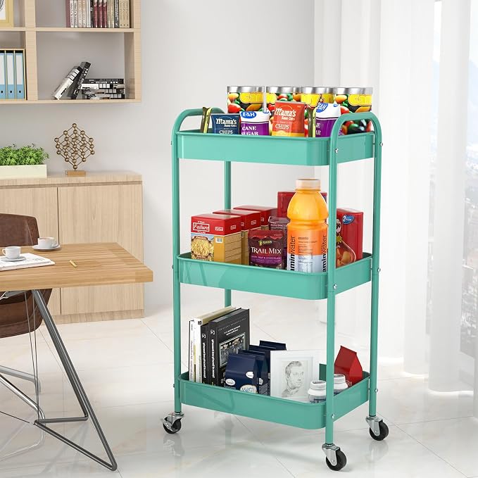 3-Tier Rolling Cart, Metal Utility Storage Carts with Wheels,Blue | Multi-Functional Organizer Easy Assembly Snack Cart