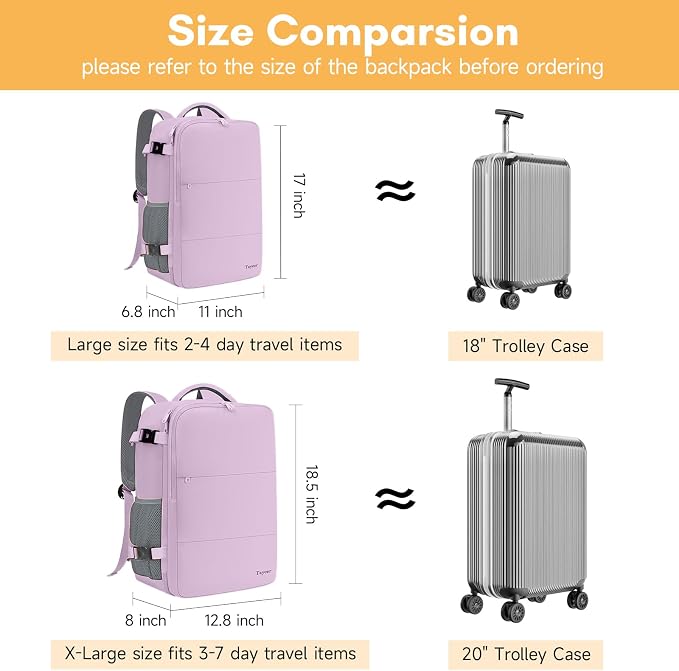 Taygeer Travel Backpack for Men Women, TSA Friendly Mochila for Business | Airline Approved Underseat Personal Item Bag with 17.3" Laptop Compartment, Carry On Bag for Weekend Hiking, Orchid Purple