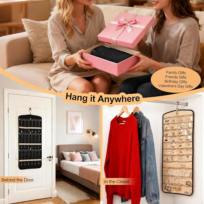 Hanging Jewelry Organizer Storage Roll with 39 Clear Pockets Double-Sided Foldable, Necklace Organizer Tangle Free, Travel Jewelry Holder for Earrings, Rings, Bracelets, Hanging on Closet, Wall, Door