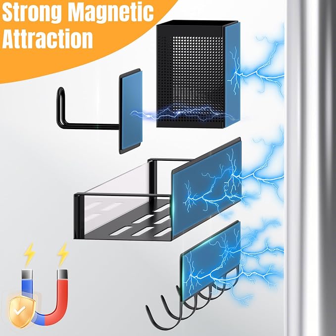 DTUQYX Magnetic Spice Rack for Refrigerator, 8 Pack Clear Acrylic Front Metal Magnetic Shelves with Magnet Hooks Rack, Utensil Caddy & Adjustable Paper Towel Holder, No Drill Kitchen Storage Organizer