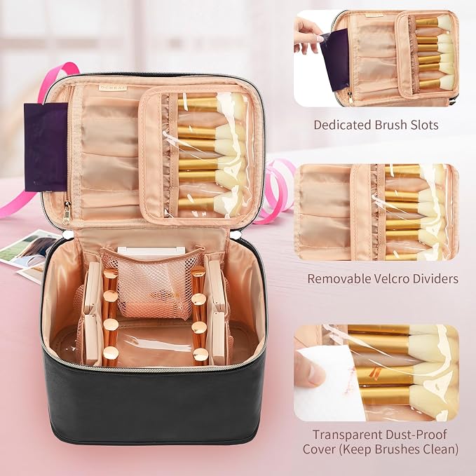 OCHEAL Travel Makeup Bag, Cosmetic Bags for Women Makeup Case Organizer Large Capacity Travel Toiletry Bag Storage Bags with Divider and Handle for Cosmetics Toiletries Brushes Tools-Large, Black
