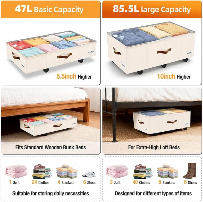Under Bed Storage with Wheels,Underbed Storage with Sturdy Sidewalls/Bottom, Clear Cover, Label and PU Handle, Rolling Under Bed Drawers for Clothes, Shoes, 11 Inch Height,Beige, 2 Pack