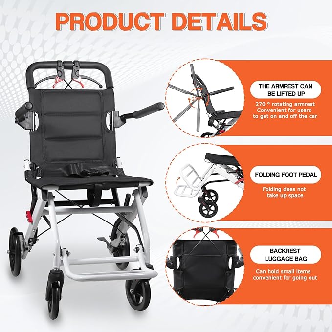 Wheelchairs for Adults,Transport Lightweight Foldable with Flip-up armrests, Portable Folding Travel Wheel Chairs for Seniors（220 lbs Weight Limit）