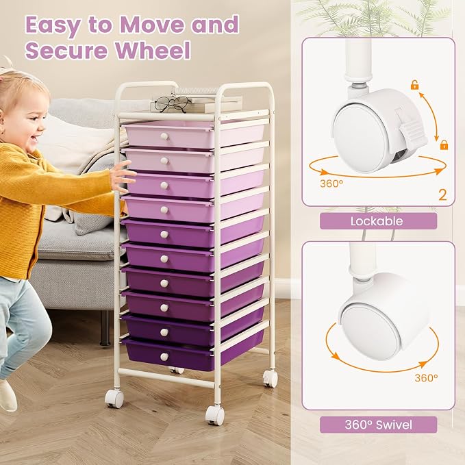 LDAILY 10 Drawer Rolling Storage Cart, Craft Organizer on Wheels, Drawer Cart with Metal Frame & Large Storage Capacity, Rolling Cart with Drawers for Living Room Classroom, Office