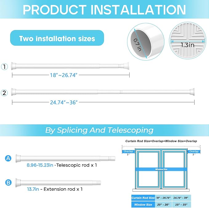 Spring Tension Curtain Rod 18-36 inch, Adjustable Expandable Tension Curtain Rod No Drilling, Tension rods for Window Doorway Kitchen Curtain, White