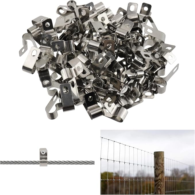 Antrader Wire Fence Clips Metal Wire Clamp with Screws,8mm/0.31",100Pcs | 304 Stainless Steel Wire Clips Cord Clamp for Wood,Metal or Vinyl