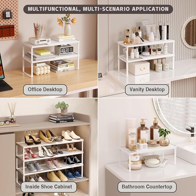 Magheo Expandable Cabinet Shelf Organizer, 2 Pack Stackable Kitchen Counter Shelf Riser, Metal Spice Rack Heavy Duty Countertop Organizer Storage for Kitchen, Pantry, Cupboard, Rv (5.9in Height,White)
