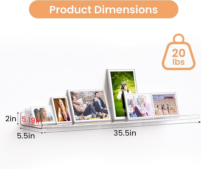upsimples 35.5" Acrylic Shelves for Wall Storage and Organizer, 2 Pcs | Extended Shelf for Picture, Skincare, Perfume, Bag, Kitchen Spice Rack, Kids Bookshelf, Invisible for Displaying, Room Décor