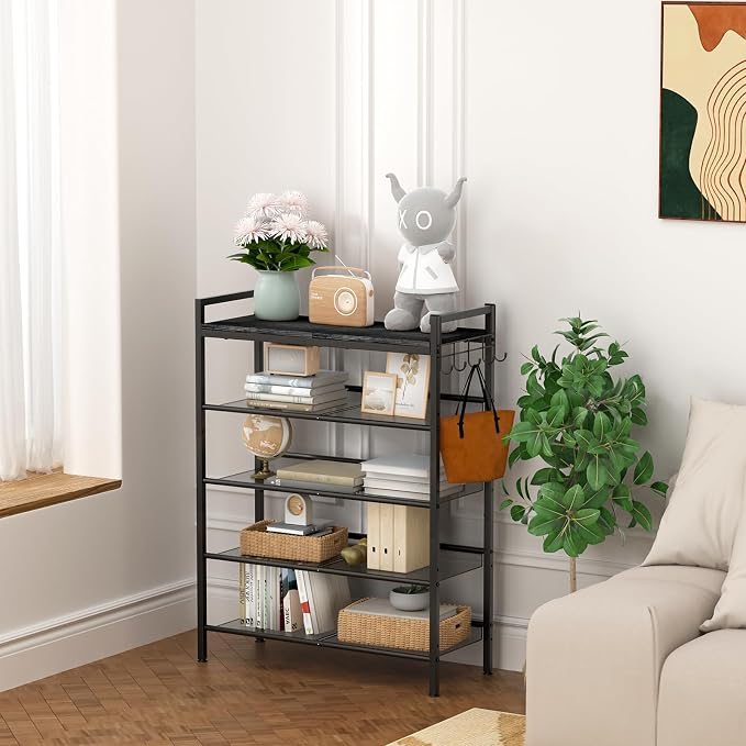 Shoe Rack for Front Door Entrance, 5 Tier Height-Adjustable Metal Shoe Rack , Sturdy Wooden Top and Tiltable Steel Frame Heavy Duty Shoe Organizer for Bathroom,Bedroom,Kitchen, Include Hook, Black