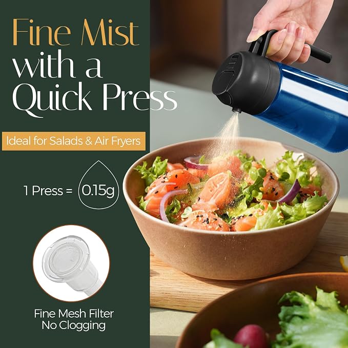 YARRAMATE 16oz/470ml Light-Blocking Dark Oil Sprayer for Cooking, 2 in 1 Olive Oil Dispenser Bottle for Kitchen, Premium Blue Glass Oil Bottle, Food-Grade Oil Mister for Air Fryer, BBQ (Black)