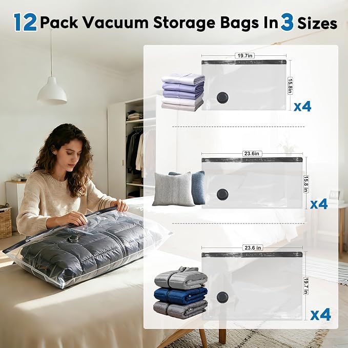 Mapambo Vacuum Seal Bags for Clothing Travel with -60000Pa LED Pump, 12 Pack Travel Cordless Vacuums Bag Set with Pump in 3 Combo Sizes. Vacuums Storage Bags for Clothes (12 Combo)