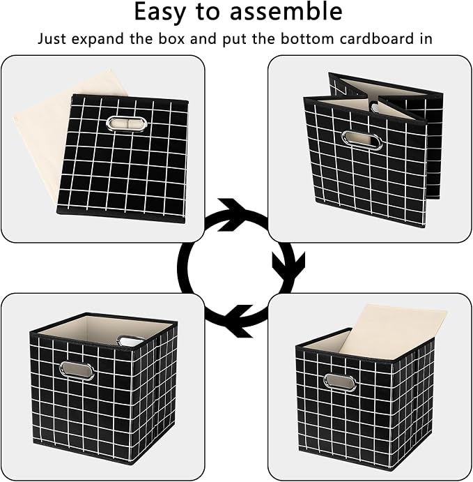 Yunkeeeper storage bins Cubes, Fabric Cube Organizer with Handle, Foldable Cube Bins for Cloth or Accessary Storage, 11x11x11, Set of 6, (Black grid)