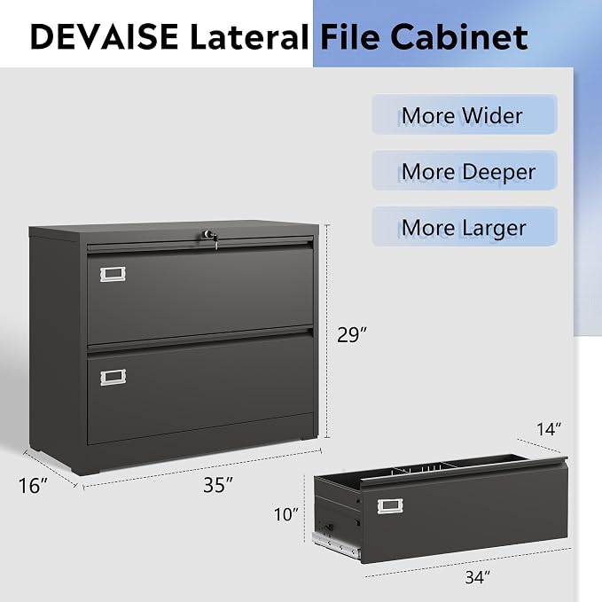 DEVAISE Metal Lateral File Cabinet, 2 Drawer Filing Cabinet with Lock for Letter/Legal/F4/A4 Hanging Files, Storage Cabinet for Home Office, Assembly Require, Black