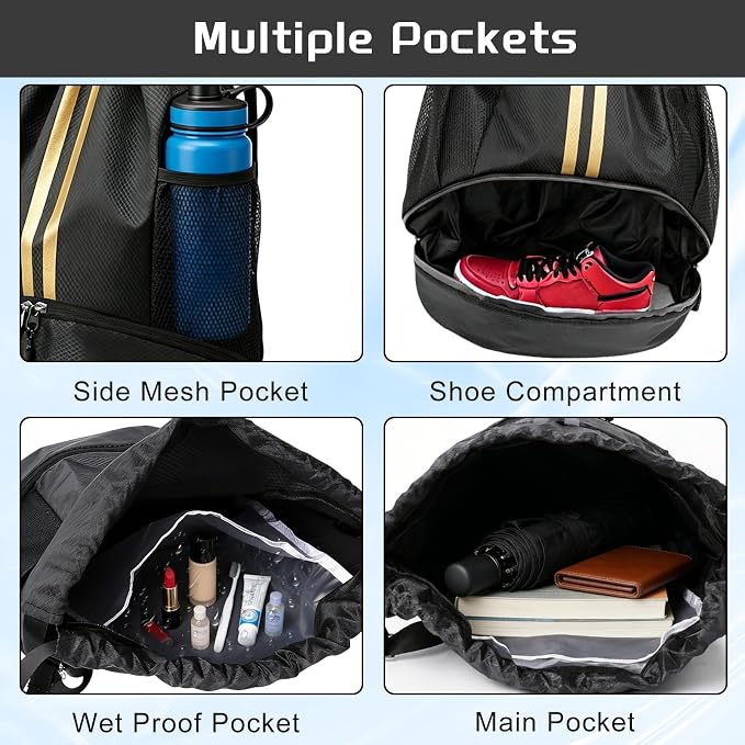 Black Gold Sports Drawstring Backpack with Shoes Compartment, String Gym Bag with Wet Proof Pocket for Basketball, Soccer, Swim, Sport Bag for Men and Women