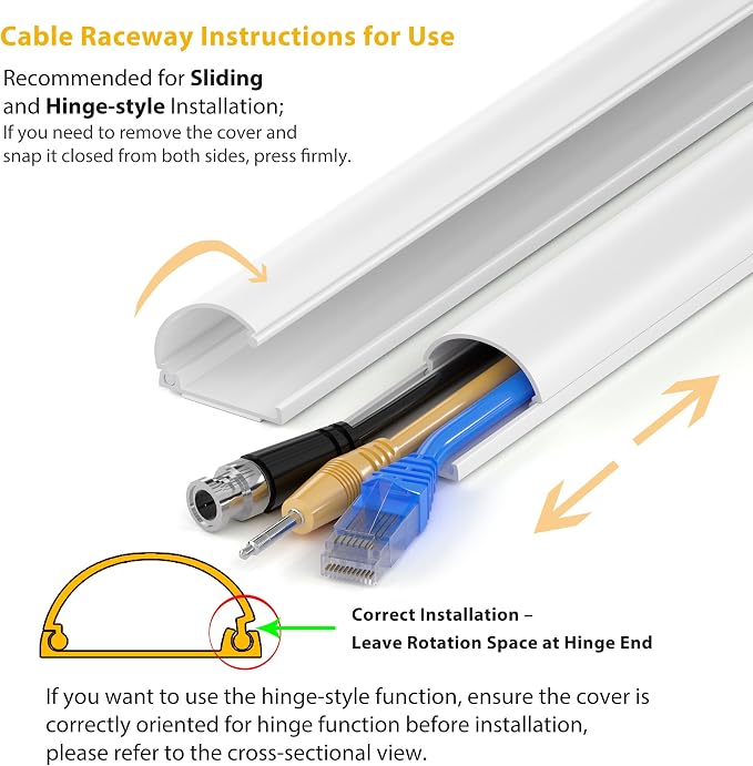 ZhiYo 34in Cord Hider for 2-3 Wall-Mounted TV Wires, 1.2"W x 0.55"H, White | Split-Hinge Design for Easy Installation, Half-Round Glazed Finish Ideal for Wall/Baseboard, Self-Adhesive, 2 Pack (17" Each)