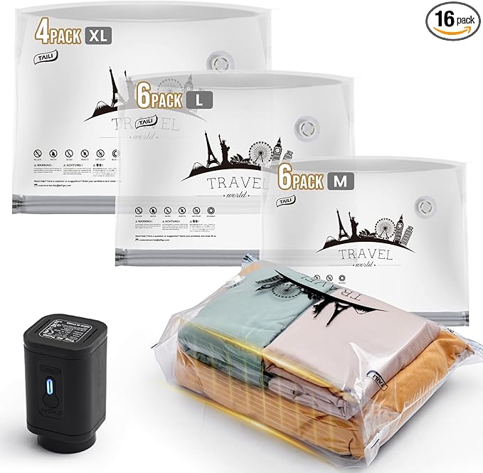 TAILI Vacuum Storage Bags with Rechargeable Electric Pump, 16 Pack (6M+6L+4XL), Vacuum Seal Bags for Clothing, Packing Cube Compression for Vacation Cruise, Portable Storage for Travel Essentials