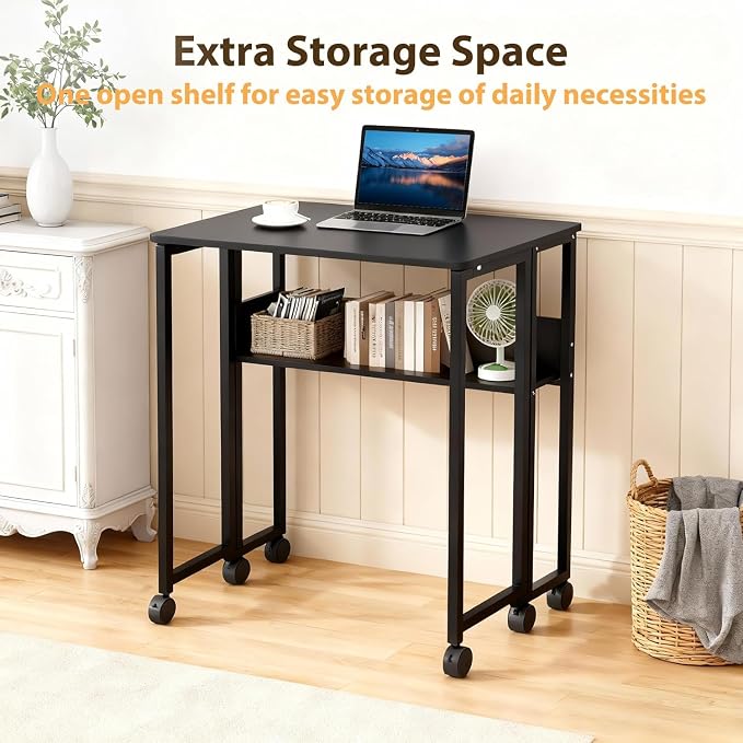 Folding Desk Small Rolling Desk with Storage Shelf,24.8 Inch Foldable Computer Table with Wheels,Portable Office Desk for Small Space Sofa Table,Easy to Fold,Writing Work Office Computer Desk,Black