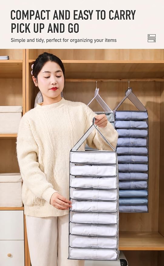 Hanging Closet Organizer, 6-Shelf Foldable Wardrobe Storage for Clothes, Space Saving Hanging Organizer with Reinforced Hook for Sweaters, Pants & Shirts (Large Grey)