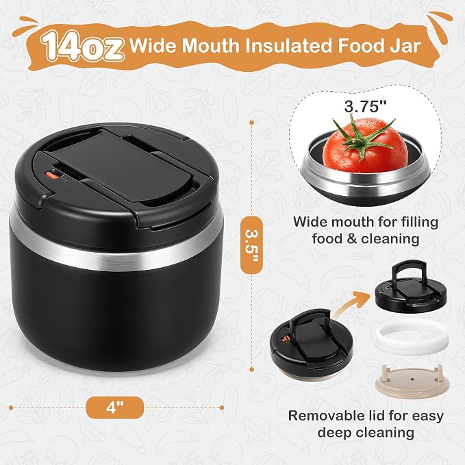 MAXSO 14oz Vacuum Insulated Food Jar with Spoon Buckle Lid, Kids Soup Thermo for Hot Food Wide Mouth Leakproof Stainless Steel Lunch Container - Black