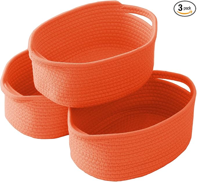 JMvicyroam Woven Basket,Small Rope Storage Bin with Handles & Ribbon Bag, Organizer for Shelves Closets,Gift Basket Empty for Birthday,Books,Dog Toys,Orange/3 Pack