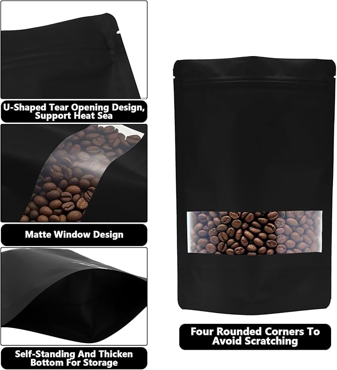 50PCS Foil Pouch Mylar Bags with Clear Window,ULIFESTAR Stand Up Sealable Bags with Tear Notches,Resealable for Food,Party Favors,Gift Packaging and Small Business(20 * 30cm/7.87 * 11.81",Black)
