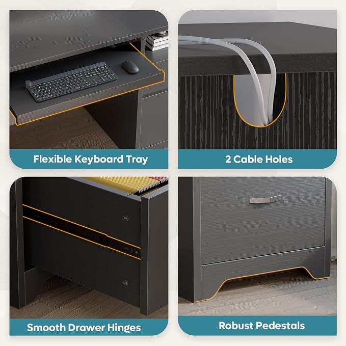 Bestier 59” Computer Desk with 4 Drawers, Charging Station, Black | Office Desk with Storage, Modern Executive Desk with Keyboard Tray & Wooden Pedestals on Both Sides for Home Office & Studio