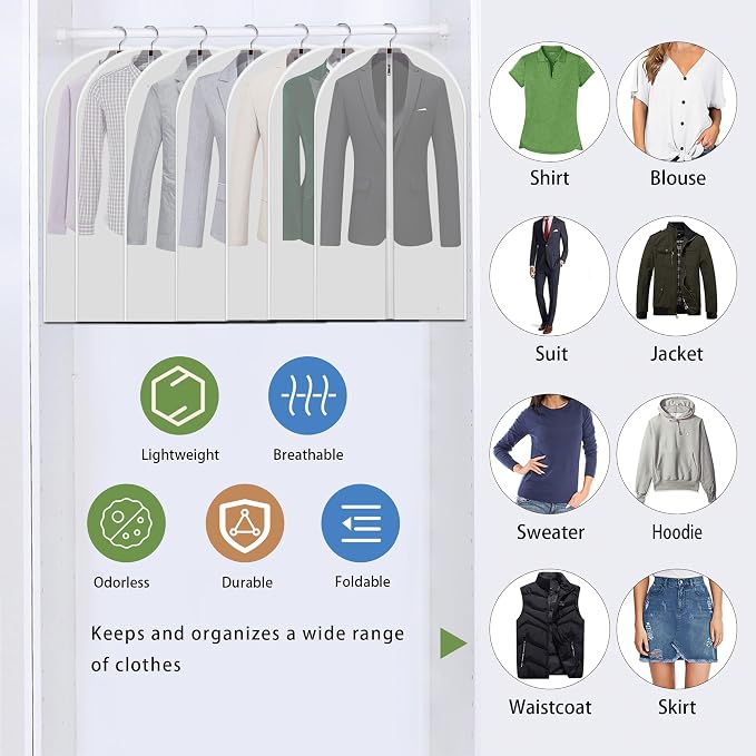 Dust Proof Clear Garment Bags 7 Piece Set - 40 Inch Translucent Suit Bags with Full-Length Zipper for Closet Clothes Storage and Travel. Bonus: 5 Natural Cedar Ball.