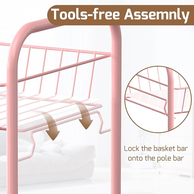 PLKOW 4-Tier Rolling Utility Cart with Detachable Baskets, Pink | 4-tier steel cart with detachable baskets, anti-fall pads, hooks, and 360° wheels for compact home storage