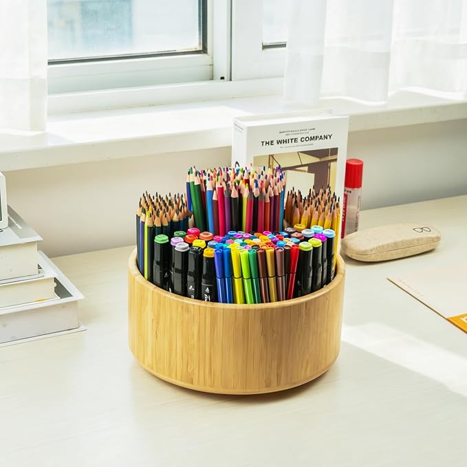 Utoplike Large Bamboo Rotating Pencil Holder, 360° Colored Pen Organizer | Spinning Art Supply Desk Caddy with Raised Center, 11-Compartment Desktop Storage for Pens, Markers and Office Supplies