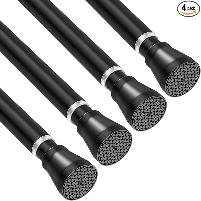 AIZESI 4PCS Black Shower Curtain Rod 30-64 Inch Adjustable Curtain Rods Never Rust & Non-Slip, No Drilling, Short Shower Rods Spring Tension Curtain Rod for Window Bathroom Doorway Closet