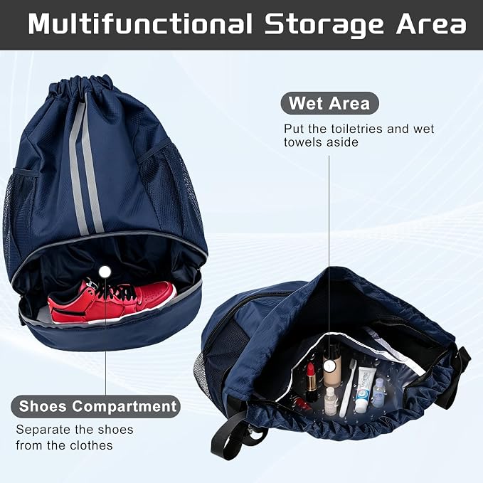 Navy Blue Sports Drawstring Backpack with Shoes Compartment, String Gym Bag with Wet Proof Pocket for Basketball, Soccer, Swim, Sport Bag for Men and Women