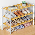 Smiry Bamboo Shoe Rack for Closet, 3 Tier Wooden Shoe Organizer, Stackable Wood Shoe Storage Shelf for Entryway, 14 Vertical Slats, One-piece Heavy-Duty Legs, 26.77"x11.02"x18.31", Natural & White