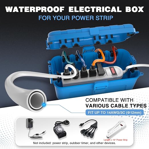 Flemoon Medium Outdoor Electrical Box (11.5x5.2x4 inch), IP54 Waterproof Extension Cord Cover w/6 Cable Entry Ports, Weatherproof Connection Box for Power Strip, Timer, Plug, Holiday Lights, Blue