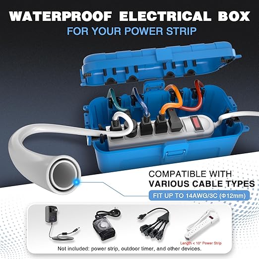 Flemoon [2 Pack] Medium Outdoor Electrical Box Waterproof, Outdoor Plug | Electrical Box (11.5x5.2x4 inch) w/6 Cable Entry Ports, Extension Cord Cover for Power Strip, Timer, Holiday Light, Blue