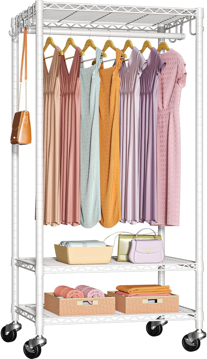 FUTASSI Rolling Clothes Rack, Clothing Racks for Hanging Clothes, White | P6 Medium Heavy Duty Garment Rack with Wheels, Freestanding Portable Closet Rack with Shelves, 30 In Wide, Max Load 370 LBS
