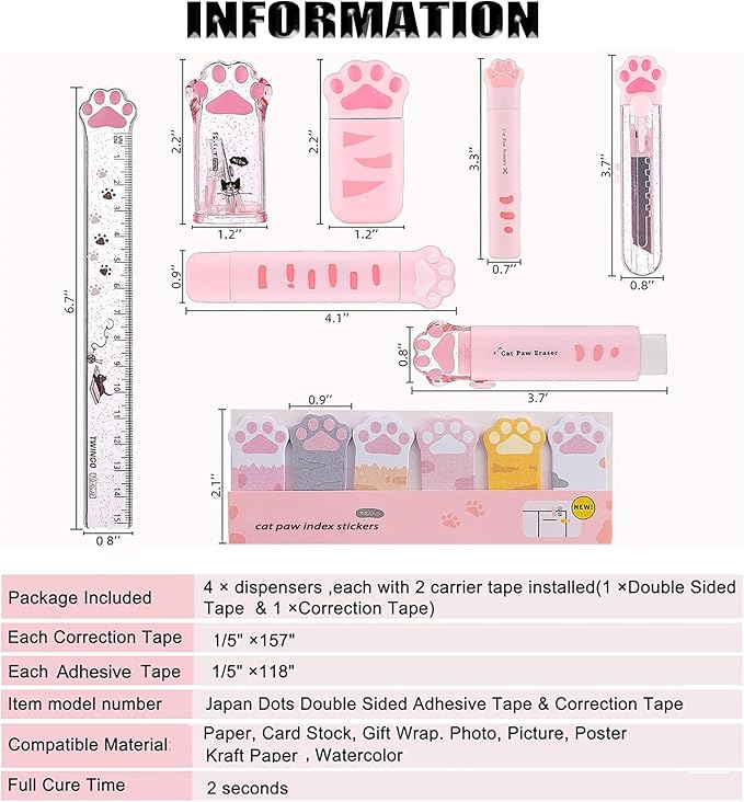9Pcs Cute School Supplies, Cute Stationery,Includs Pencil Sharpener,Eraser, Correction Tape,Sticky Notes, Ruler, Scissors,Utility Knife, for Cute Office Supplies