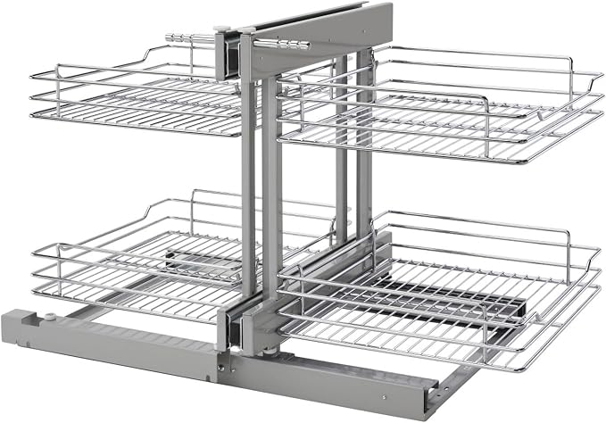 Rev-A-Shelf Chrome Two-Tier Wire Bottom Pullout Organizer with Soft-Close for Blind Corner Base Kitchen Cabinets, Adjustable 4-Basket Storage System, Min Opening Width of 18", 5PSP-18SC-CR