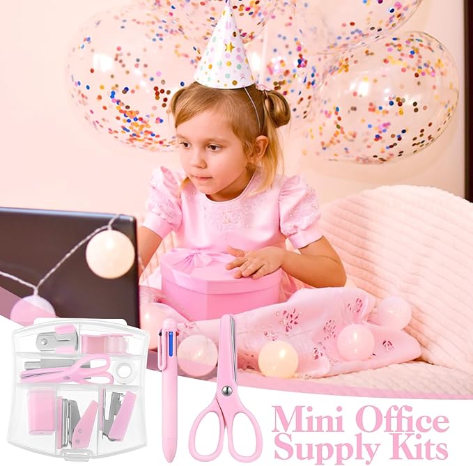 Mini Office Supplies, Purple School Supplies with Sticky Notes,Mini Stapler,Tape Dispenser,Hole Punch,Staple Remover,Staples,Clips,Scissor,Pen (Pink)