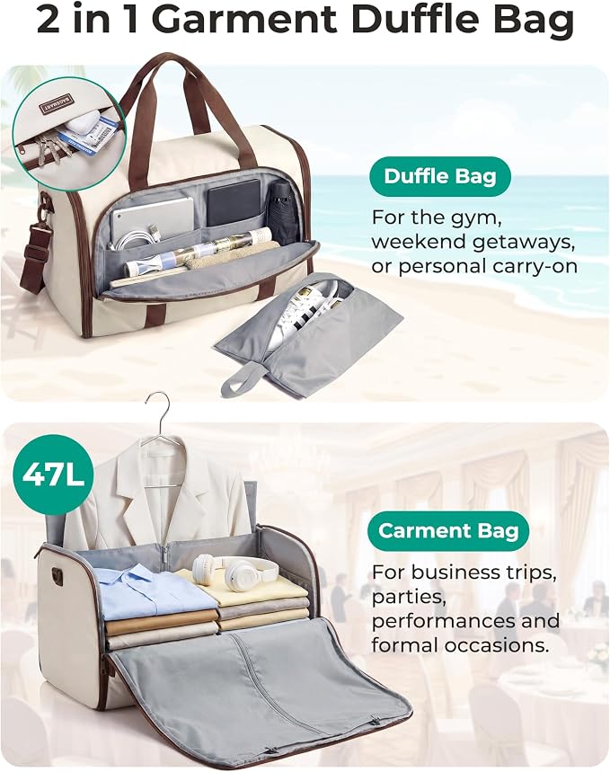 BAGSMART Garment Bag Duffle Bag for Travel Convertible 2 in 1 Suit Bag for Hanging Clothes Carry on Travel Bag with Shoes Bag,Shoulder Strap Weekender for Dresses, Coats, Shirts (White)