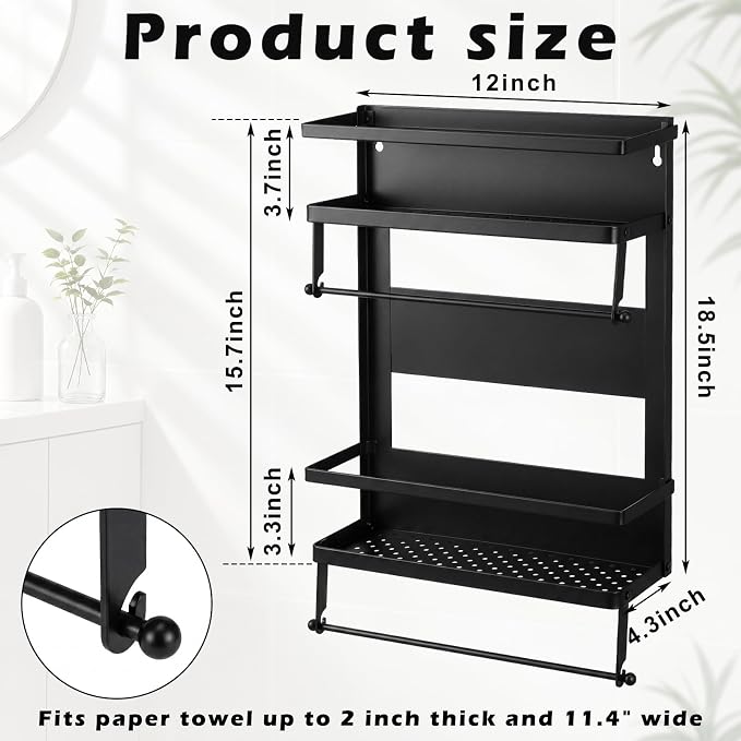 Vercraft Magnetic Dorm Fridge Organizer Heavy Duty Metal 66lbs over Dorm Fridge Shelf Essentials Side of Fridges Paper Towel Holder with Storage Shelf Hooks Magnetic Spice Rack for Room Kitchen(Black)