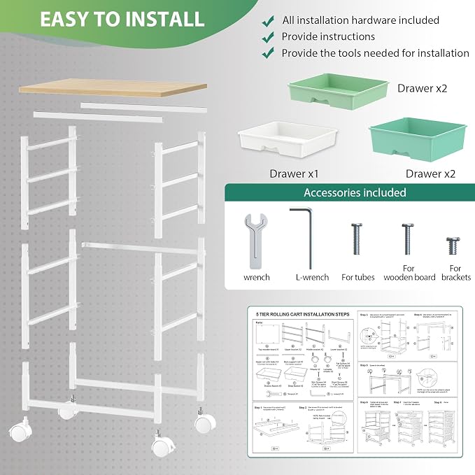 Goovilla Rolling Cart with Drawers, Utility Cart Organizer With 5 Removable Drawers and Wooden Tabletop, Lockable Rolling Storage Organizer for Art, Classroom, Home, Dorm, Office, Craft Storage, Green