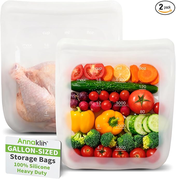 100% Silicone Gallon Freezer Bags, Extra Large Reusable 1 Gallon Silicone Storage Bags Stand-Up Zip-Lock Leakproof for Bulk Food & Large Portions, Freezer Microwave Sous Vide Dishwasher Safe, 2 Pack