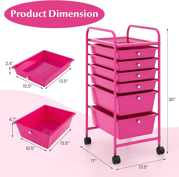 GOFLAME 6-Drawer Rolling Storage Cart, Multifunctional Art Craft Organizer, Mobile Utility Storage with Removable Drawers & Lockable Wheels, Craft Cart for Home Office, Hot Pink