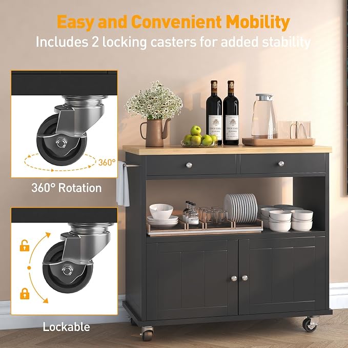 knoworld Rolling Kitchen Island with Storage Cabinet, 35.4'' Width Kitchen Cart, 2 Drawers Island Table, Portable Mobile Kitchen Island with Towel Rack, Wood Top and Lockable Wheels, Black
