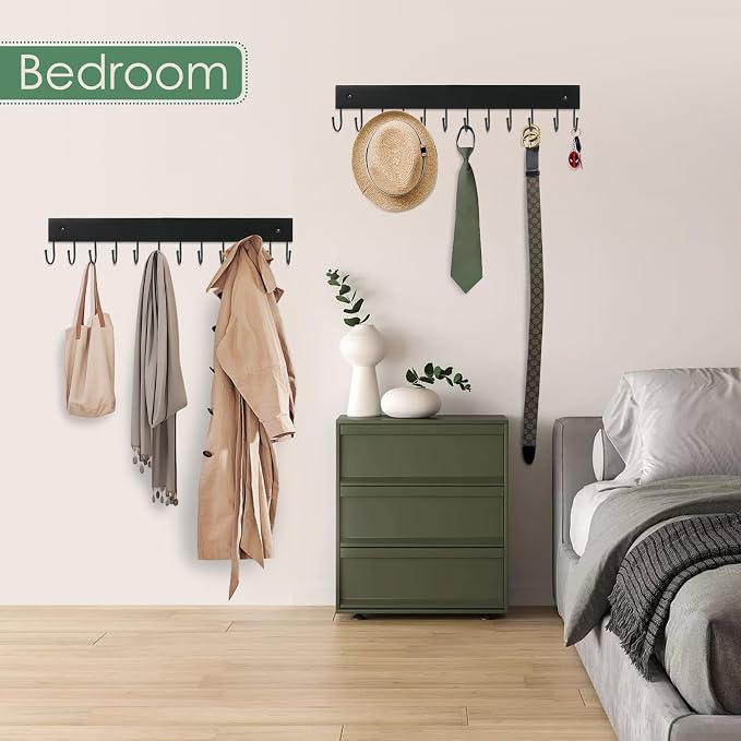 2 Pack Purse Organizer Wall Mount with 24 Rotating 180° Coat Rack, 14.6" Wooden Entryway Purse Holder, Wall Hooks for Hanging Belts, Ties, Keys, Scarf, Bras, Bag, Space Saving Hanger (Black)