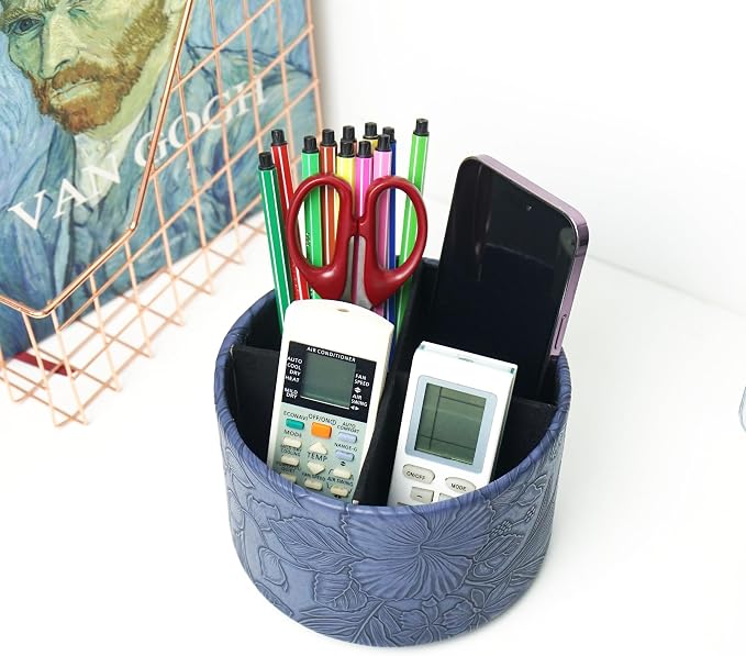 Round Leather Art Supply Organizer,Remote Control Holder,360 Degree Spinning,Multi-Functional Pencil Holder,4 Compartments Desktop Stationary Organizer(1-Carved Blue)
