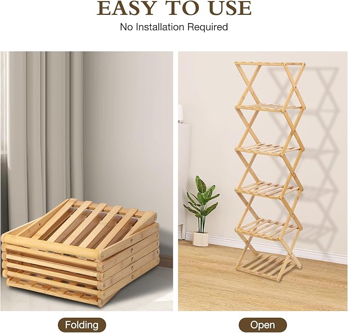 Bamboo Shoe Rack 6 Tier Foldable Shoe Rack for Entryway | Narrow Vertical Shoe Organizer Free Standing Shelf, Multifunctional Slim Storage for Bedrooms Living Room Corner