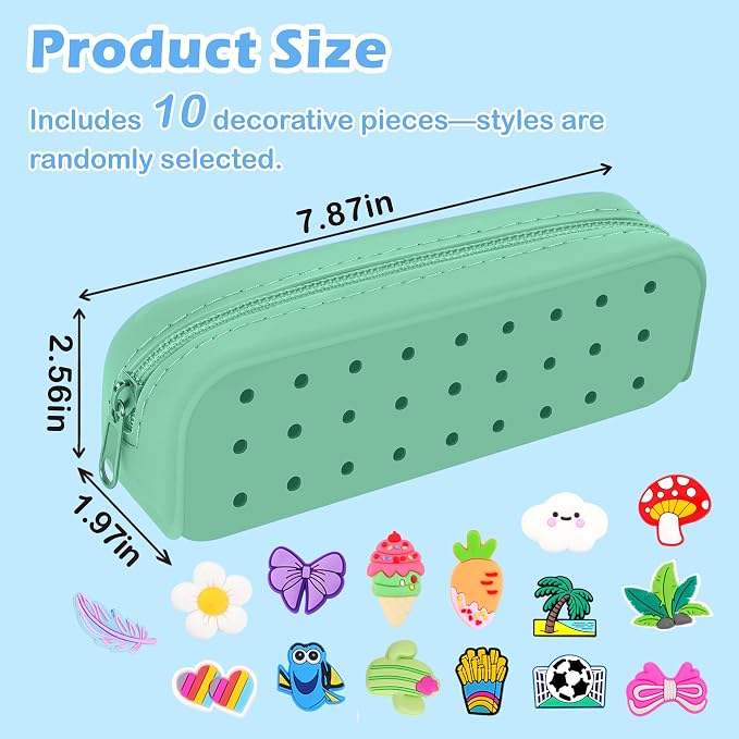 BestStone Silicone Small Pencil Pouch – Small Pencil Case with DIY Holes and 10 Decorative Charms, Multipurpose Makeup Bag or Stationery Organizer, Large Capacity(Lake Green)