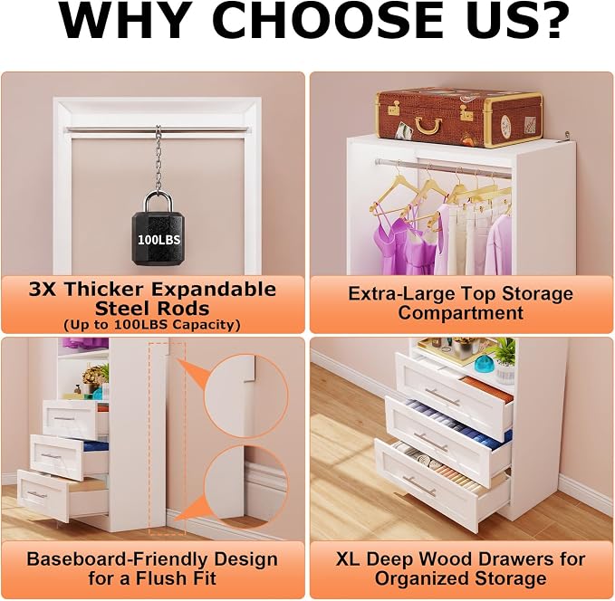 Closet System Set of 2, Closet System with 6 Drawers, 4 Rods & 2 Shelves, 4–10FT Walk in Modular Closet System, DIY Custom Built in Wood Closet Organizer Kit, White