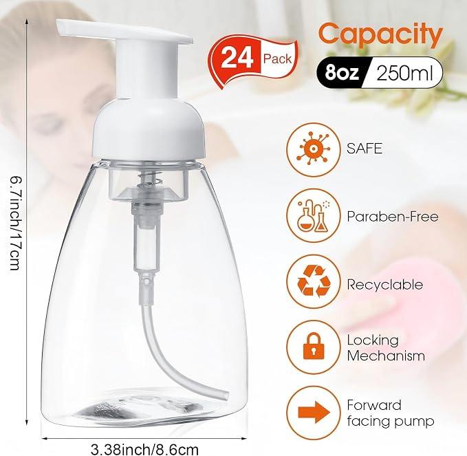 Eboot 24 Pcs 8 oz Foaming Soap Dispenser Foaming Pump Bottle Travel Hand Soap Pump Foam Dispenser Bottle Plastic Press Bottles Empty Refillable Plastic Container for Liquid Shampoo
